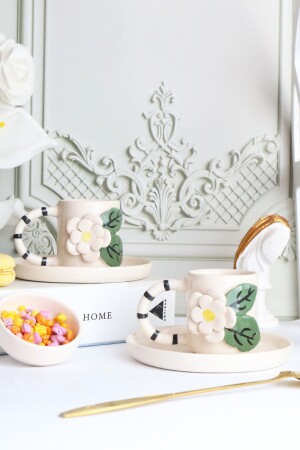 مجموعة من 2 أكواب سيراميكية مصنوعة يدويا من أزهار 80 مل كوب من الأزهار - ada mia seramik