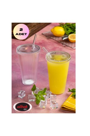 2 Adet 600 ml Isıya Dayanıklı Origami Desen Kapaklı Ve Pipetli Bardak Milkshake Ve Meşrubat Bardağı PTLBRDK000001 - 3