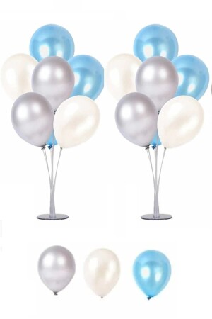 2 Adet 7'li Balon Standı Ve 14 Adet Gümüş -mavi - Beyaz Metalik Balon Set - 1