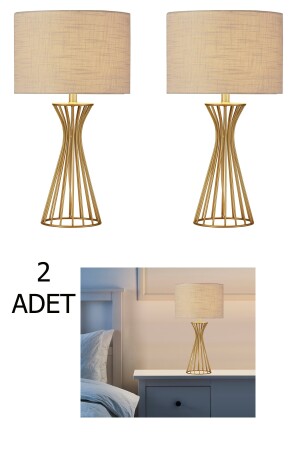 2 Adet Veronika Modern Gold Ayaklı Kumaş Başlıklı Masa Lambası Abajur VERONİKA2ADET - 4