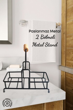 2 Bölmeli Çok Amaçlı Ahşap Kulplu Metal Stand Düzenleyici Organizer- Sıvı Sabunluk- Yağdanlık Standı - 1