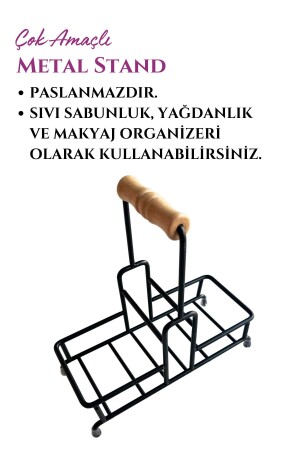 2 Bölmeli Çok Amaçlı Ahşap Kulplu Metal Stand Düzenleyici Organizer- Sıvı Sabunluk- Yağdanlık Standı - 3