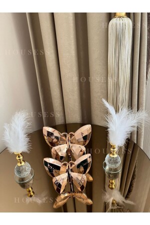 مـنز-تزينة الورد الذهبية الفراشة و 2 حاملات ريش ذهبية زينة التجميل HSS-TPSKLBKS13 - Housess