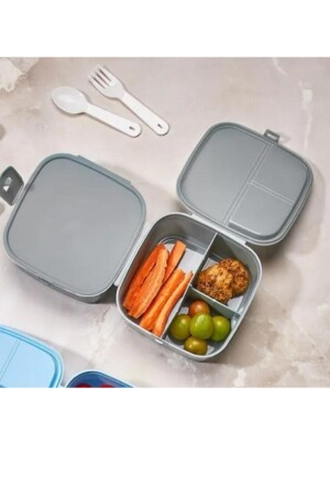 2 Katlı 4 Bölmeli Gri Premium Kiddy Lunch Box - Premium 3 1 Beslenme Çantası - Yemek Saklama Kabı O-2124 - 1