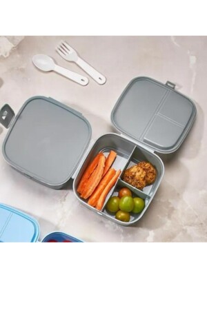 2 Katlı 4 Bölmeli Gri Premium Kiddy Lunch Box - Premium 3 1 Beslenme Çantası - Yemek Saklama Kabı O-2124 - 4