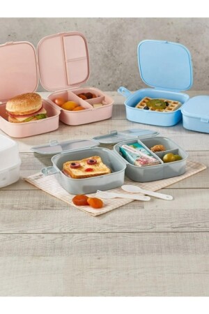 2 Katlı 4 Bölmeli Gri Premium Kiddy Lunch Box - Premium 3 1 Beslenme Çantası - Yemek Saklama Kabı O-2124 - 6