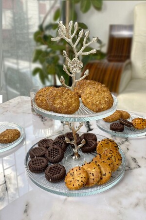 2 Katlı Cam Gümüş Detaylı Kurabiyelik Sunumluk Tabak - May Home