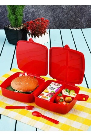 2-lagige Lunchbox mit 4 Fächern, Löffel und Gabel - 3