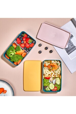 2-lagige Lunchbox mit verstellbarem Fach, mit Gabel und Löffel, rosa Deckel - 1