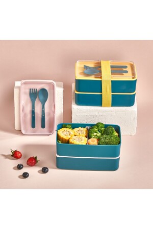 2-lagige Lunchbox mit verstellbarem Fach, mit Gabel und Löffel, rosa Deckel - 3