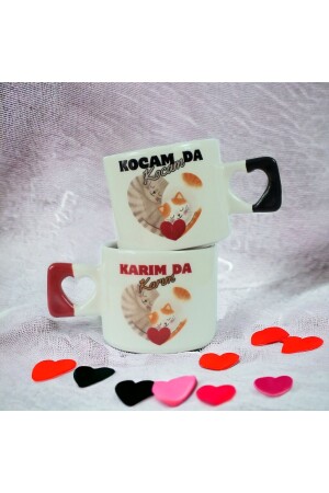 2 li Karım da Karım & Kocam da Kocam Kedili Kalp El Yapımı Seramik Kırmızı Kalp Kupa Bardak - Mug - 2