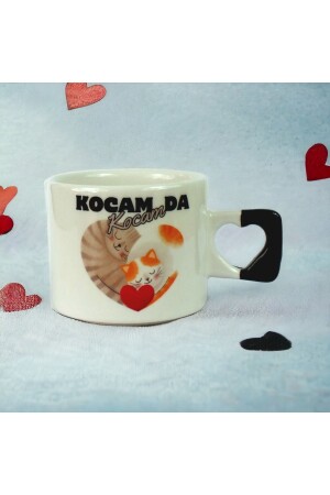 2 li Karım da Karım & Kocam da Kocam Kedili Kalp El Yapımı Seramik Kırmızı Kalp Kupa Bardak - Mug - 3