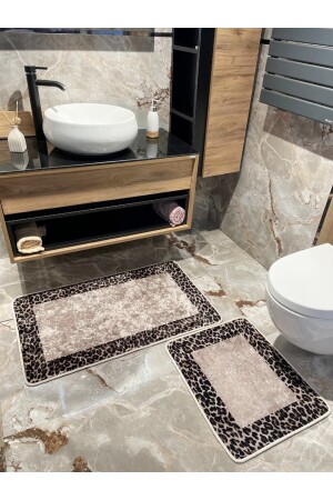 2 'li Leopar Desen Banyo Paspası - Kahverengi Ebat (60X100 - 60X50) BYD_LEOPAR_YENİ - 1