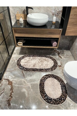 2 'li Leopar Desen Oval Banyo Paspası - Kahverengi Ebat (60X100 - 60X50) BYD_LEOPAR_YENİ - 2