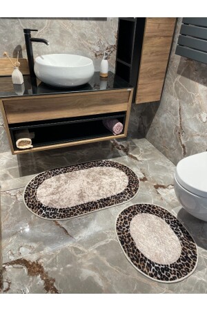 2 'li Leopar Desen Oval Banyo Paspası - Kahverengi Ebat (60X100 - 60X50) BYD_LEOPAR_YENİ - 4