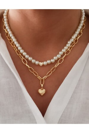 مجموعة مزيجية من 2 قطع من MNZ-Pearl Heart Necklace - Denizdenal