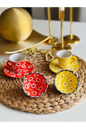 مجموعة من الزهور من 2 كوب قهوة ووعاء صفراء - برتقال pap01 - Den Tasarım Hediyelik