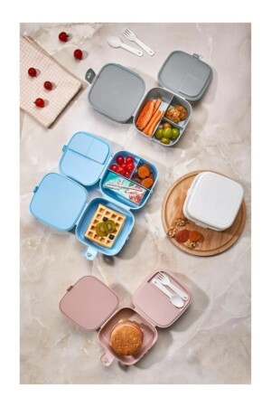 2 Schichten, 4 Fächer, graue Premium Kiddy-Lunchbox – Premium 3-in-1-Lunchbox – Frischhaltedose O-2124 - 7