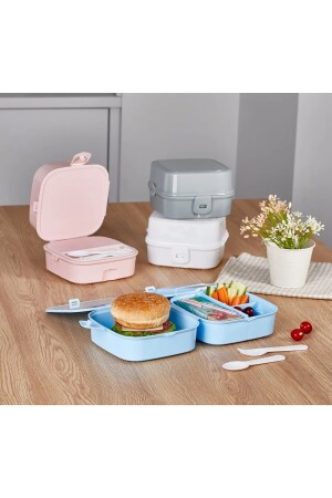 2 Schichten, 4 Fächer, graue Premium Kiddy-Lunchbox – Premium 3-in-1-Lunchbox – Frischhaltedose O-2124 - 8