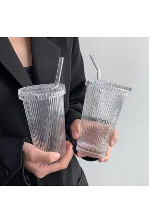 2 Stück 400 ml Glasbecher im Origami-Stil mit Glasdeckel und Strohhalm | - 2