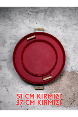 2 Stück 51 cm und 37 cm rundes rotes Metalltablett mit Holzgriffen Präsentationstablett, Frühstück 37 x 51 cm - 2