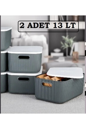 2 Stück Aufbewahrungsbox 13 Lt grau Mehrzweck-Organizer-Box mit Deckel, dekorative Box BAYEV-DZNLYC13LT2ADETGRI - 6