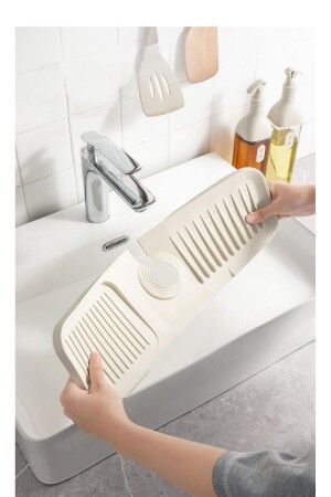 2 Stück elastische Wasserhahnmatte, Wasserhalter-Organizer, rutschfeste Basis, Organizer für Küche, Badezimmer, Waschbecken, Creme - 7