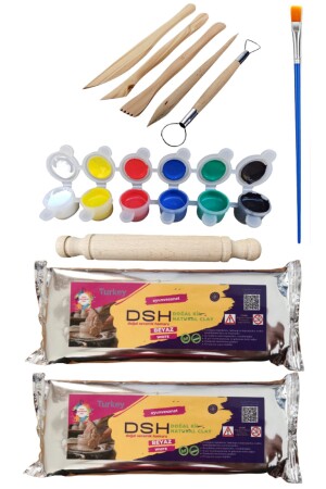 2-teiliges Keramik-Starter-Set, 7 – 5-teilige Blumentöpfe aus Holz – 2 Stück 1000 g Tonteig – 6-teilige Farbe – Pinsel – Rolle - 1