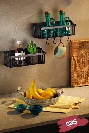 مرفق العداد الملتصق بالعطور داخل الخزانة منظم المطبخ - 2 قطعة منظم المطبخ بلاستيكي Tşp-01 أسود - Sas Haus