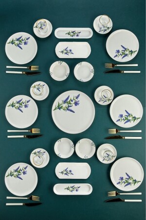 21-teiliges Frühstücksset mit lila Lavendelmuster für 6 Personen – luxuriöses Frühstückspräsentationsset, 21-teiliges rundes Frühstücksgeschirr - 1