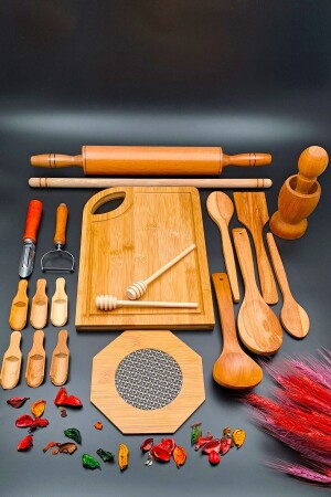 21-teiliges Küchen-Mitgift-Set aus Holz, Drehwalze, Mörser, Nudelholz, Untersetzer, Schöpfkelle, Schneidebrett, zum Schnitzen und Schälen - 1