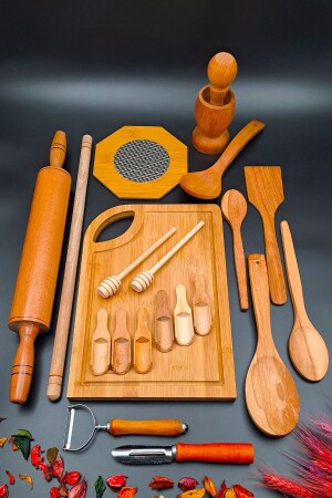 21-teiliges Küchen-Mitgift-Set aus Holz, Drehwalze, Mörser, Nudelholz, Untersetzer, Schöpfkelle, Schneidebrett, zum Schnitzen und Schälen - 4