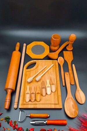 21-teiliges Küchen-Mitgift-Set aus Holz, Drehwalze, Mörser, Nudelholz, Untersetzer, Schöpfkelle, Schneidebrett, zum Schnitzen und Schälen - 5