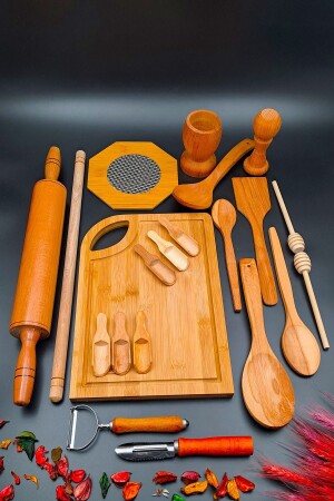 21-teiliges Küchen-Mitgift-Set aus Holz, Drehwalze, Mörser, Nudelholz, Untersetzer, Schöpfkelle, Schneidebrett, zum Schnitzen und Schälen - 6