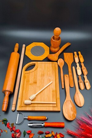 21-teiliges Küchen-Mitgift-Set aus Holz, Drehwalze, Mörser, Nudelholz, Untersetzer, Schöpfkelle, Schneidebrett, zum Schnitzen und Schälen - 7