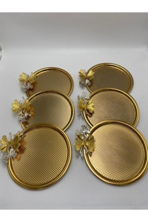 22cm 6'lı Kelebekli Gold Dekoratif Yuvarlak Tepsi, Çay, Kahve, Tatlı, Pasta Servisi Sunum Tepsisi KZMT421-6X - Fiyakalı Ürünler Atölyesi