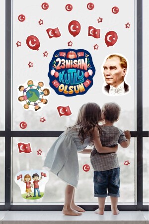 23. April, Kindertag, Atatürk, Glas-Wanddekoration, 29-teiliges Aufkleber-Set für Schule und Kindergarten - 1