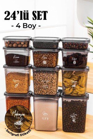 مجموعة من 24 حاوية تخزين بيجي مستطيلة مع علامة طباعة الشاشة البيضاء 6x(1500-1150-800-400 مل) أنثراكيت PGGY24 - Vienev