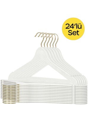 24 Adet Beyaz Ahşap Görünümlü Plastik Askı Kıyafet Elbise Gömlek Askısı Gold Kancalı - 1