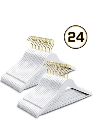 24 Adet - Beyaz Gold Kancalı Ahşap Görünümlü Plastik Askı Kıyafet Elbise Gömlek Askısı - 2