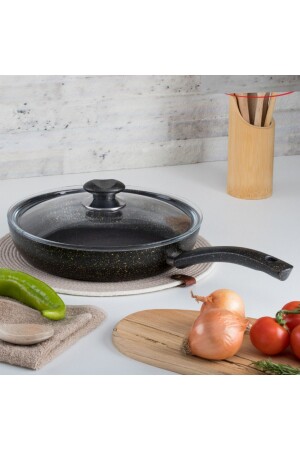 24 Cm Gold Stone Ezme Seri Kapaklı Tava- Non-stick Kızartma Tavası (BAKALİT KULPLU) - Evren