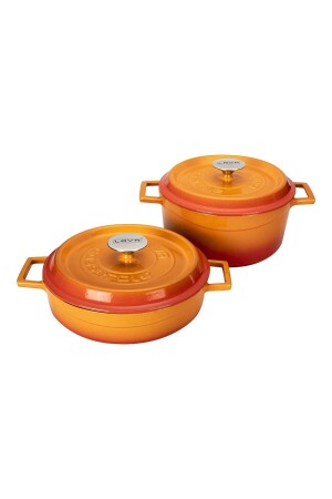 24 cm rund 28 cm flach 2-teiliges Topfset aus Gusseisen Orange BAGLI03099 - 1