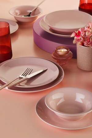 منز إيكرام العالم 24 قطعة هيرا بيرل وردي وجبة عشاء مجموعة HR24Y2740632 - Kütahya Porselen