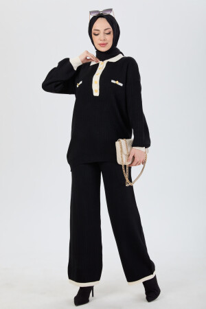 24220-SIYAH Metal Düğme Detaylı Tunik Pantolon Triko Takım - 1