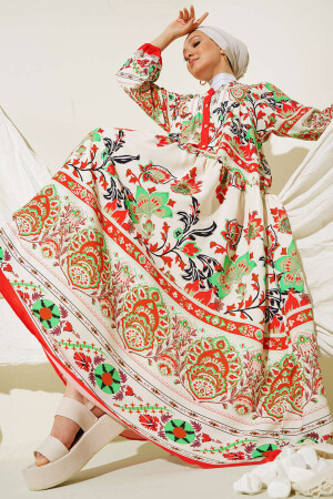 2423 Authentisches gemustertes Hijab-Kleid – Rot - Bigdart