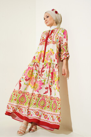 2423 Otantik Desenli Elbise - Y.bordo - Bigdart