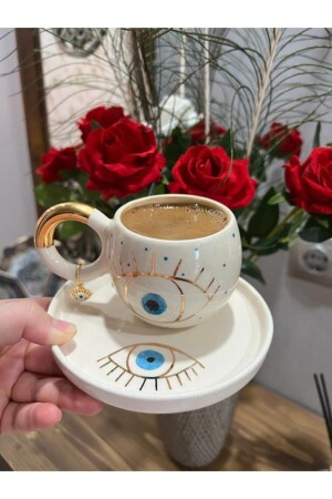 24K Gold vergoldete doppelte türkische Kaffeetasse mit bösem Blick MUGGOZ112 - 1