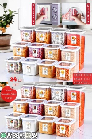 24'li Set Etiketli, Kırılmaz Kare Erzak Saklama Kabı Beyaz X8 1,75 Lt-1,2 Lt-0,5 Lt NDY-2735-BYZ-24 - Nandy Home