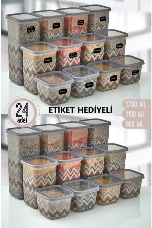 24'lü Etiketli Desenli Kare Saklama Kabı Erzak Kabı Seti 1,7 Lt-1,1 Lt-0,5 Lt 3-24 - 2