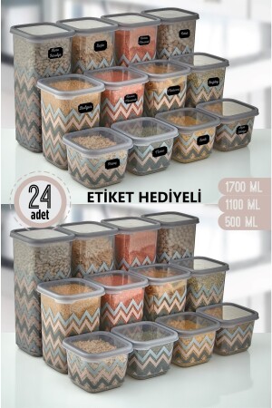 24'lü Etiketli Desenli Kare Saklama Kabı Erzak Kabı Seti 1,7 Lt-1,1 Lt-0,5 Lt 3-24 - 4